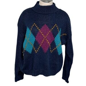 Vintage‎ Currants Hand Knit Navy Blue Argyle Knit Mock Neck Sweater Preppy Y2K